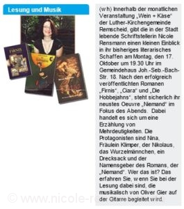 »Lesung und Musik« Ankündigung der Lesung bei »Wein und Käse« vom 17.10.2011, Remscheider Anzeigenblatt, 14.10.2011