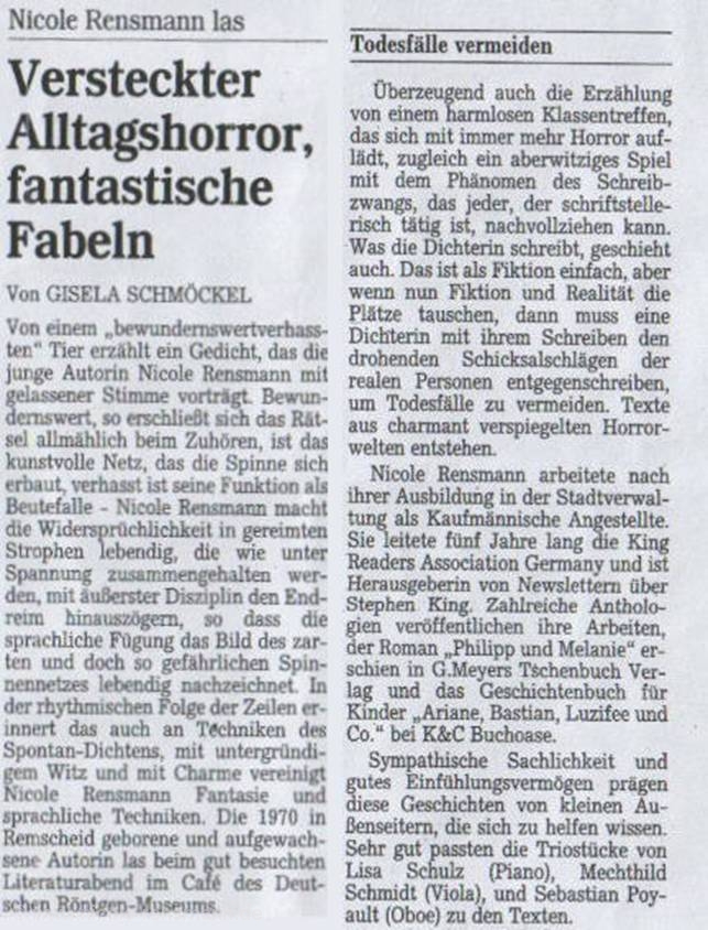 »Versteckter Alltagshorror, fantastische Fabeln« von Gisela Schmöckel Bergische Morgenpost zur Lesung vom 30.04.2002 im Röntgen-Museum, Remscheid-Lennep, 03.05.2002