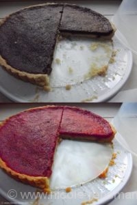 Frucht-Tarte: Oben: Original, unten, die mit Fotoshop bearbeitete Fälschung (nur leicht verändert, das hätte noch mehr sein können, kümellos etc. )